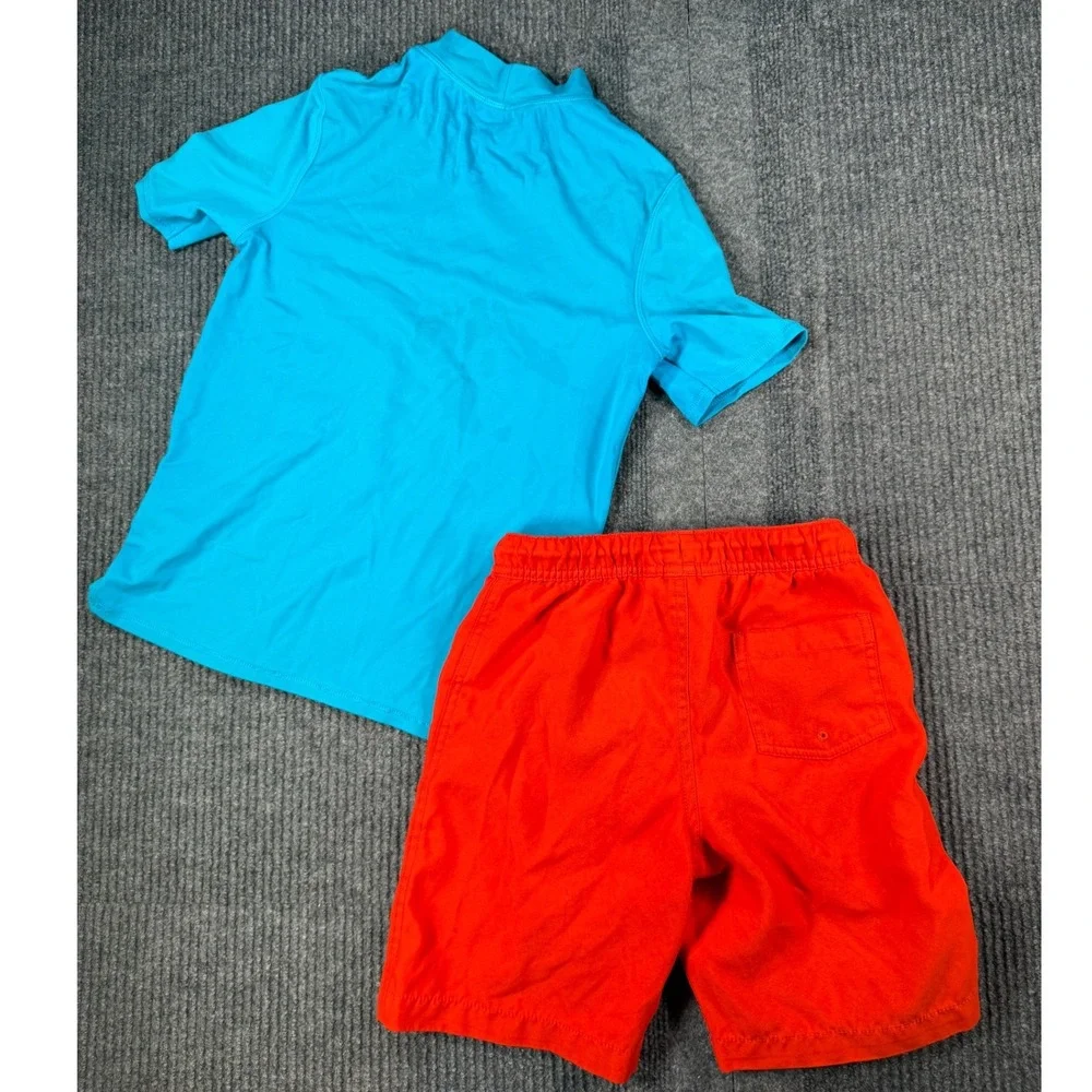 Lands End Boys Swim Set Rash Guard Swim Trunks Blue Orange Skateboard Size S 8